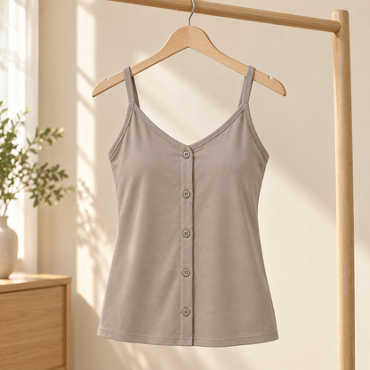 Belmorabo Taupe Button Front Spaghetti Strap Tank Top