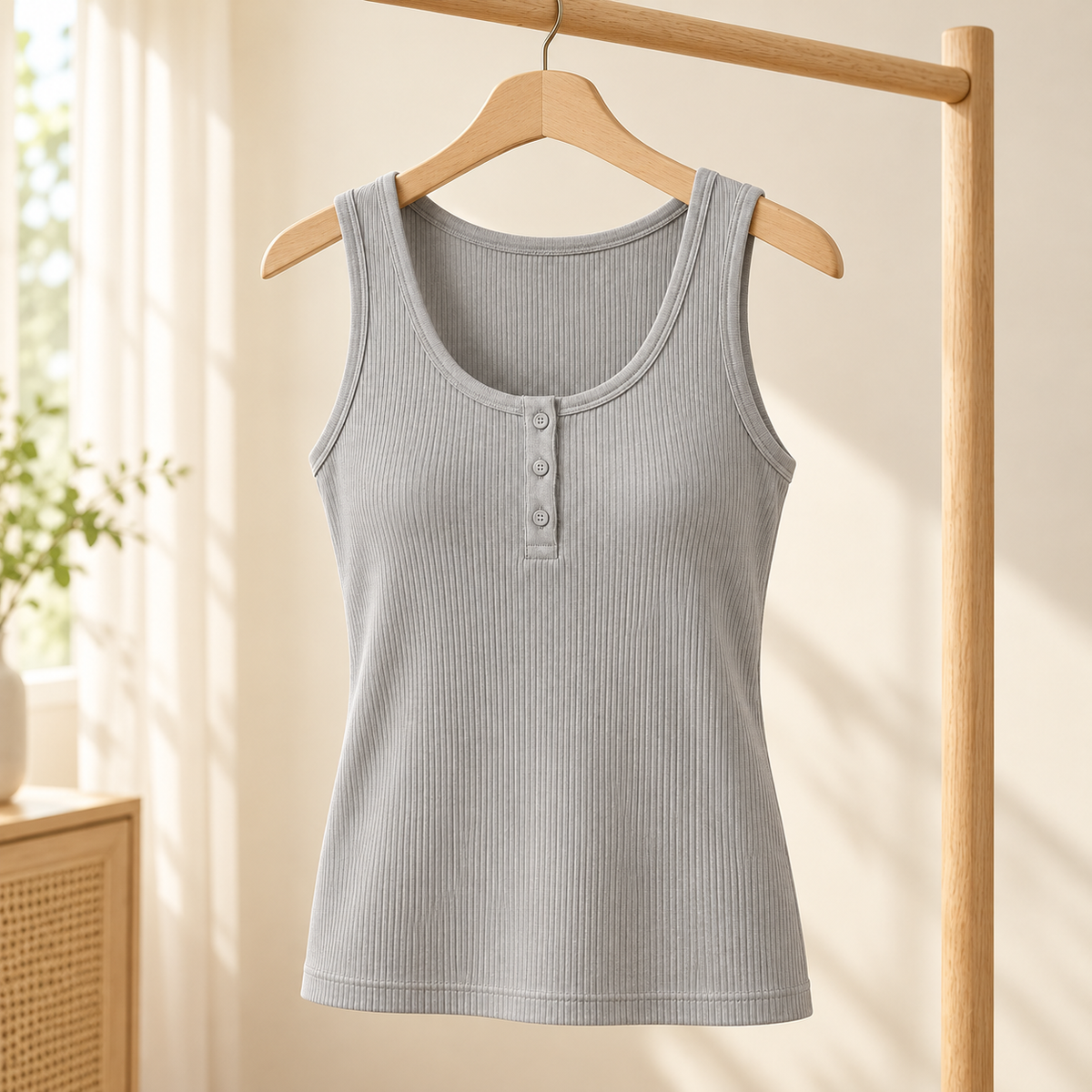 Belmorabo Light Gray Ribbed Button Thermal Tank Top
